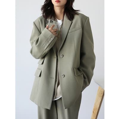 New Women Office Lady Blazer Cuff Embroidery Wide Shoulder Twill Suit Women Autumn Ladies Outerwear  Stylish Tops