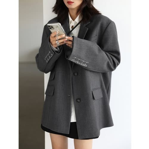 New Women Office Lady Blazer Cuff Embroidery Wide Shoulder Twill Suit Women Autumn Ladies Outerwear  Stylish Tops