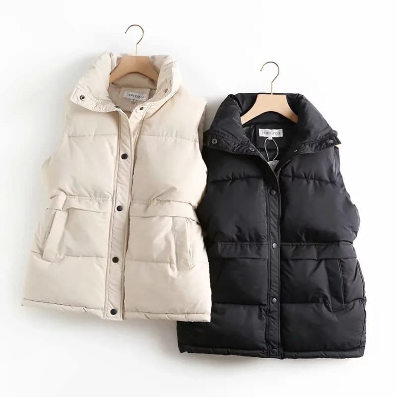 New Autumn Winter Women Solid Loose Vest Drawstring Stand Collar Long Vest Jacket  Cotton Padded Women Windproof Warm Waistcoat