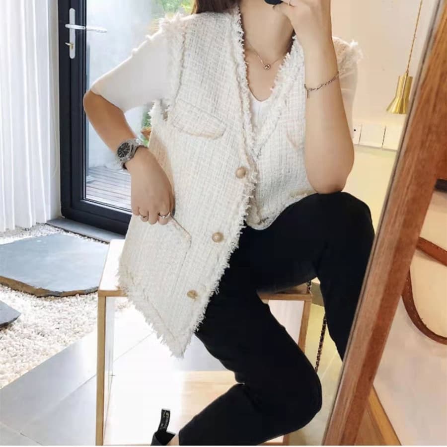 New Vintage Tweed Vest Pocket Women Jacket Gilet Blanc Sleeveless Vests Korean Style Button Waistcoat Chalecos Elegantes Para Mujer