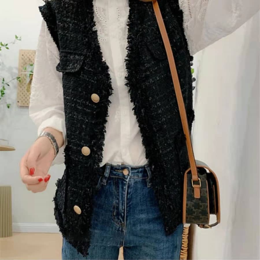 New Vintage Tweed Vest Pocket Women Jacket Gilet Blanc Sleeveless Vests Korean Style Button Waistcoat Chalecos Elegantes Para Mujer