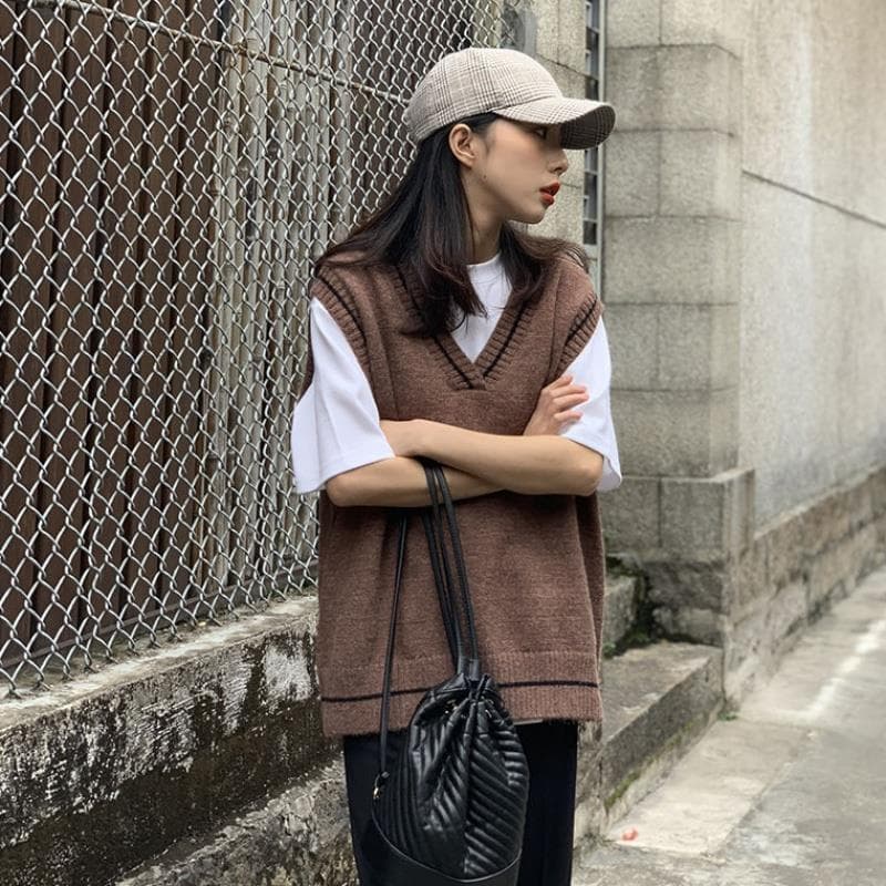 New Women Simple Classic Vest BF Spring Autumn Femme Knitted Outwear Young Lovely All-match Striped Schoolgirls Sleeveless Jacket