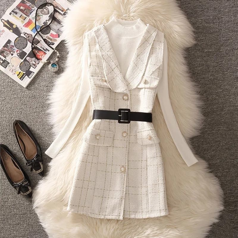 New Vintage Mid Length Plaid Tweed Vest Jacket Women 2 Piece Set Elegant Pearl Button Belted Unlined Waistcoat And Knitted Sweater