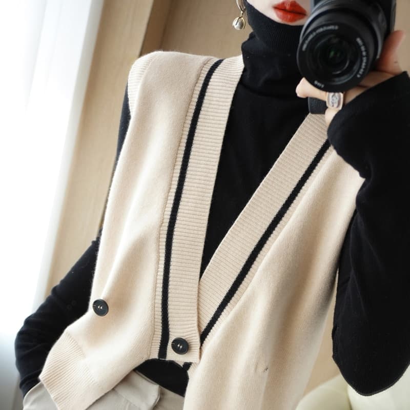 New Women Cashmere Vest Women Sweater Vest V Neck Sleeveless Buckle Vest Women Pullover Vest