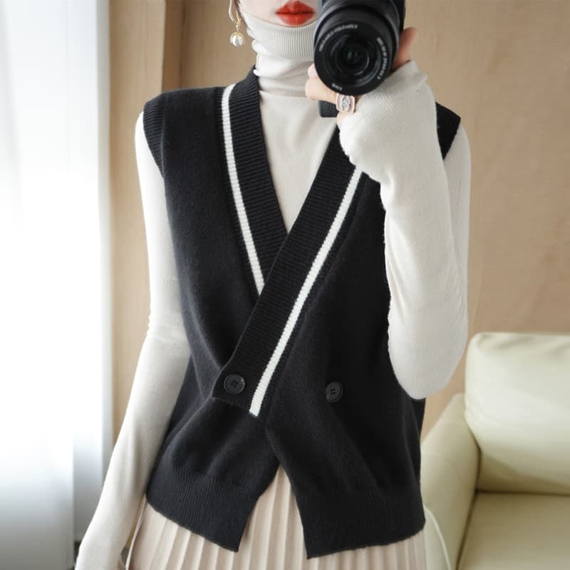 New Women Cashmere Vest Women Sweater Vest V Neck Sleeveless Buckle Vest Women Pullover Vest