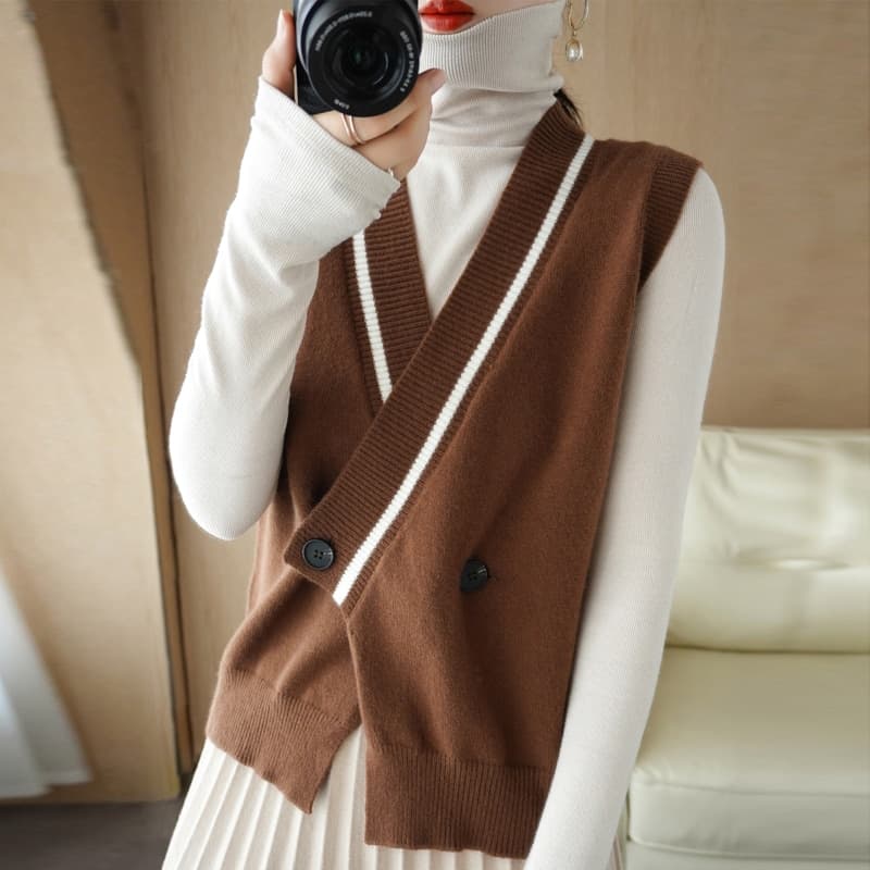 New Women Cashmere Vest Women Sweater Vest V Neck Sleeveless Buckle Vest Women Pullover Vest