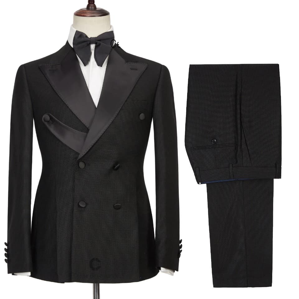 Men Suits Tailor Made Tuxedo Double Breasted Black Satin Collar Blazer Pant Evening Party Prom Groom
