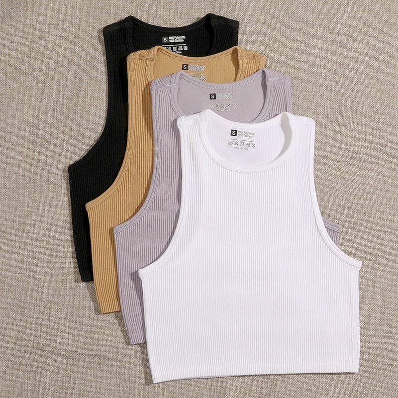 New Crop Top Women Solid Basic T shirts Vest Seamless Streetwear Elastic Rib-Knit Sleeveless Casual Tank Tops Female