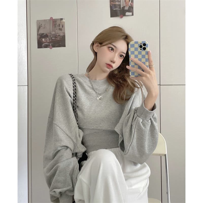 New Autumn Two Piece Suit Hoodies Women Korean Loose Bat Sleeve Tops Fashion Popular Crop Sweatshirts+Camis Female