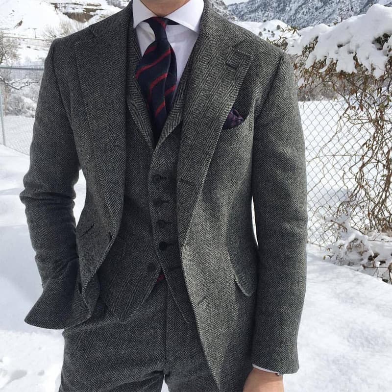 Gray Wool Tweed Winter Men Suit For Wedding Formal Groom Tuxedo Herringbone Male Fashion 3 Piece (Jacket +Vest +Pants+Tie)