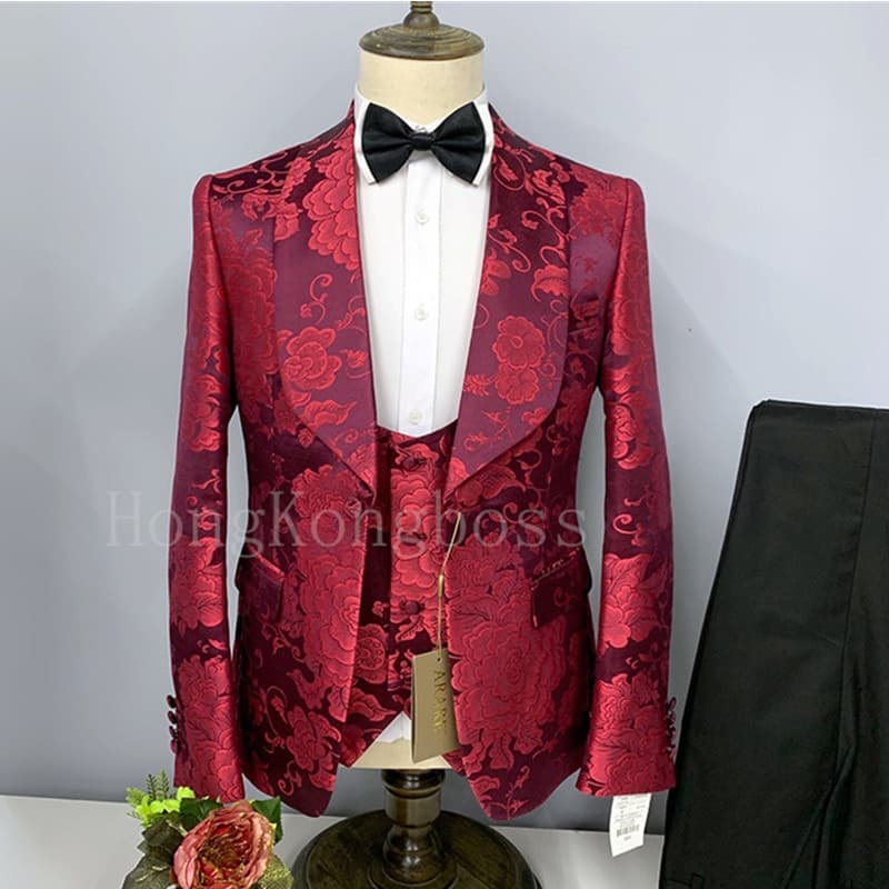 New Men Suit Set Blazers Jacket Pants Vest Fashion Men Bronzing Pattern Big Collar Dress Blazers Coat Trousers Waistcoat