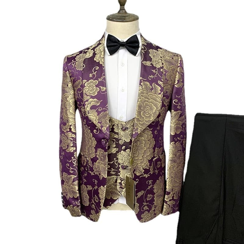 New Men Suit Set Blazers Jacket Pants Vest Fashion Men Bronzing Pattern Big Collar Dress Blazers Coat Trousers Waistcoat