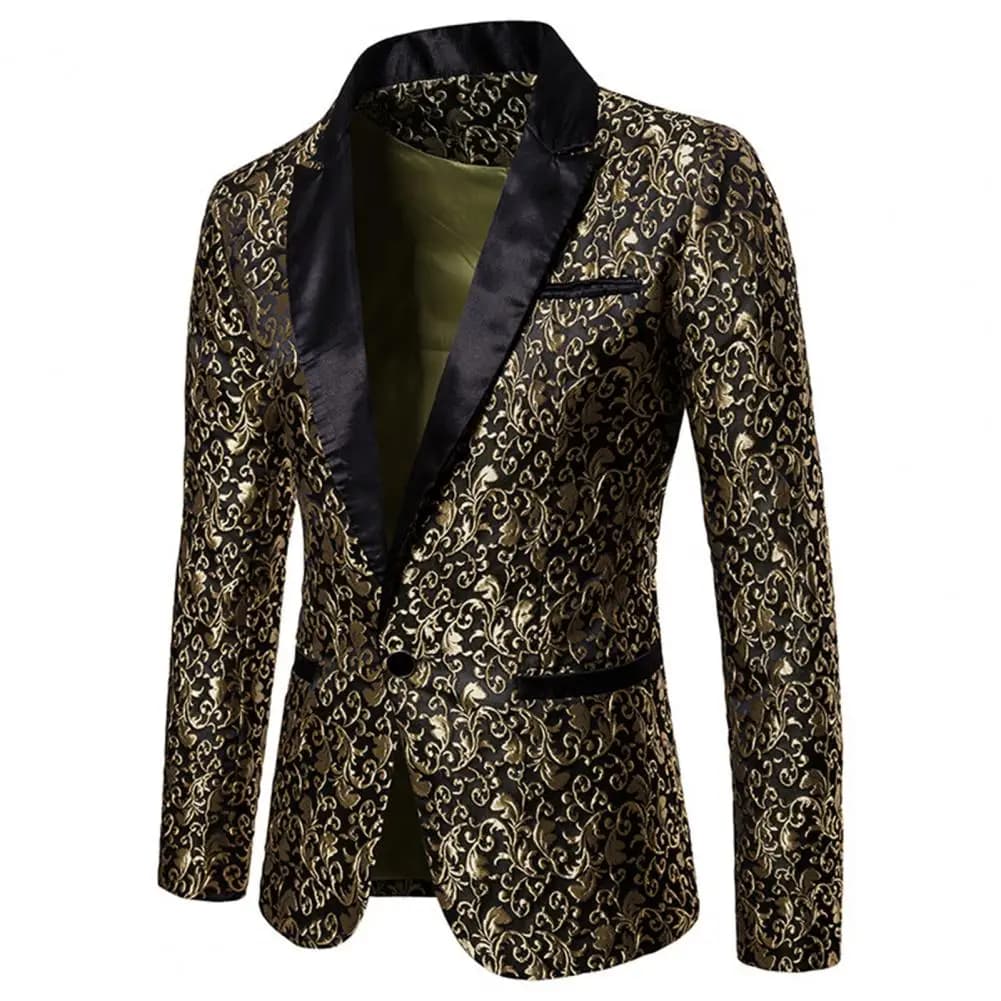 Luxury Men Blazer Jacquard Single Button Slim Fit Turndown Collar Blazer