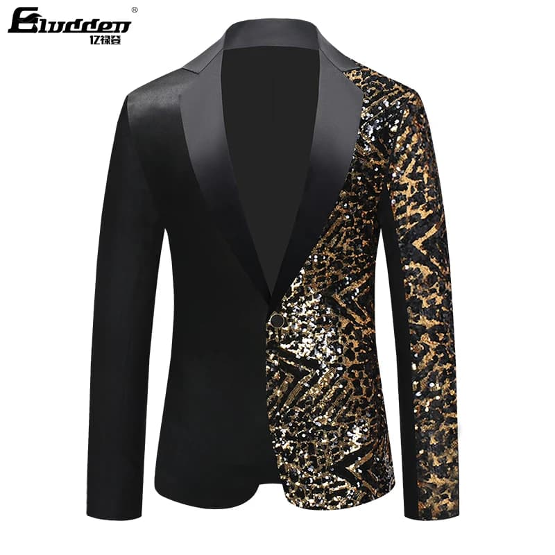Single Breasted Leopard Sequins Stage Jacket Men Party Hip Hop Suit Fashion Blazer
