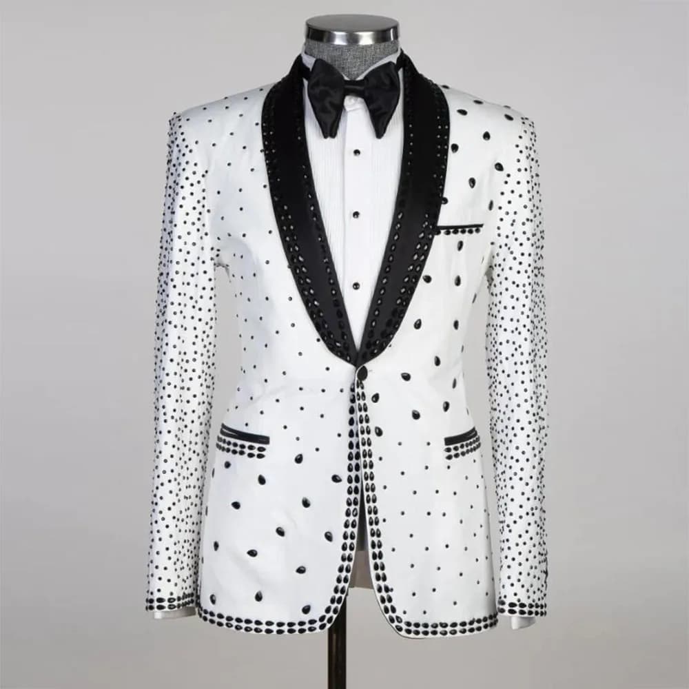 New Luxury Groom Wear Wedding Suits For African Black Peaked Lapel Stone Beaded White Men’s Tuxedo Tailored Traje Formal Para Hombre