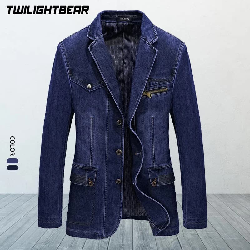 Men Denim Blazer Oversized Solid Cotton Single Breasted Casual Coat