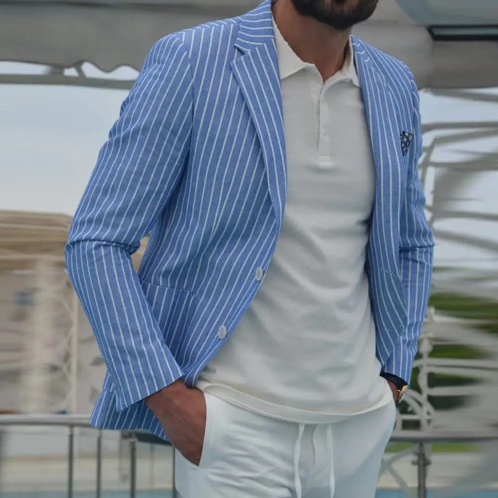 New Striped Print Jacket Men Lapel Long Sleeve