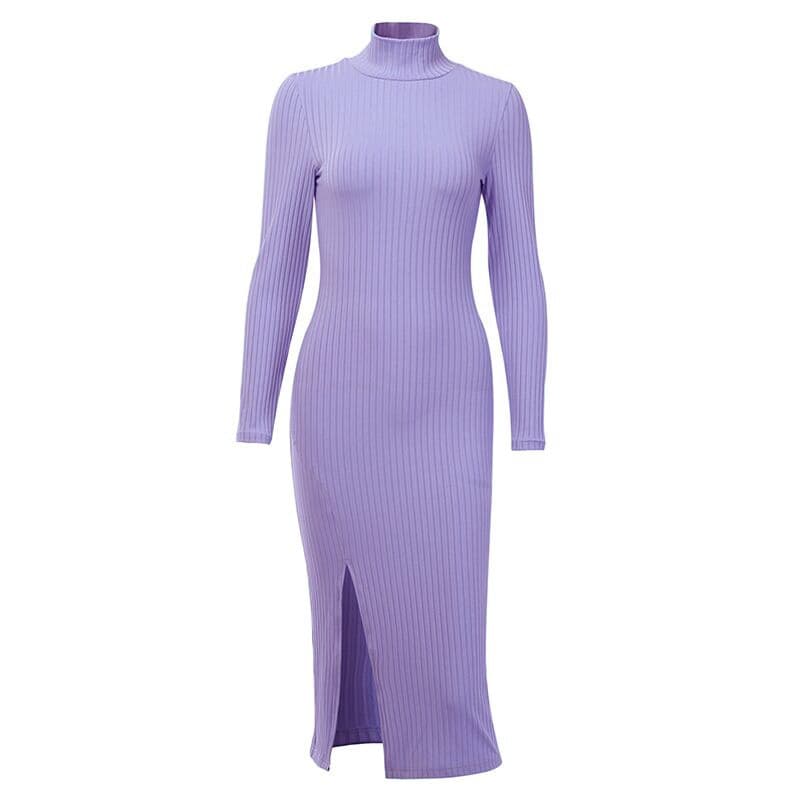 Sexy Knee Length Party Dresses Cotton Ribbed Knitted Turtleneck Solid Split Long Sleeve Autumn Mock Neck Elegant Dress – view 3