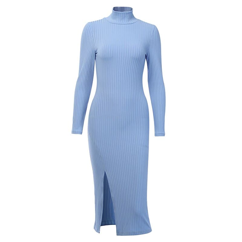 Sexy Knee Length Party Dresses Cotton Ribbed Knitted Turtleneck Solid Split Long Sleeve Autumn Mock Neck Elegant Dress – view 4