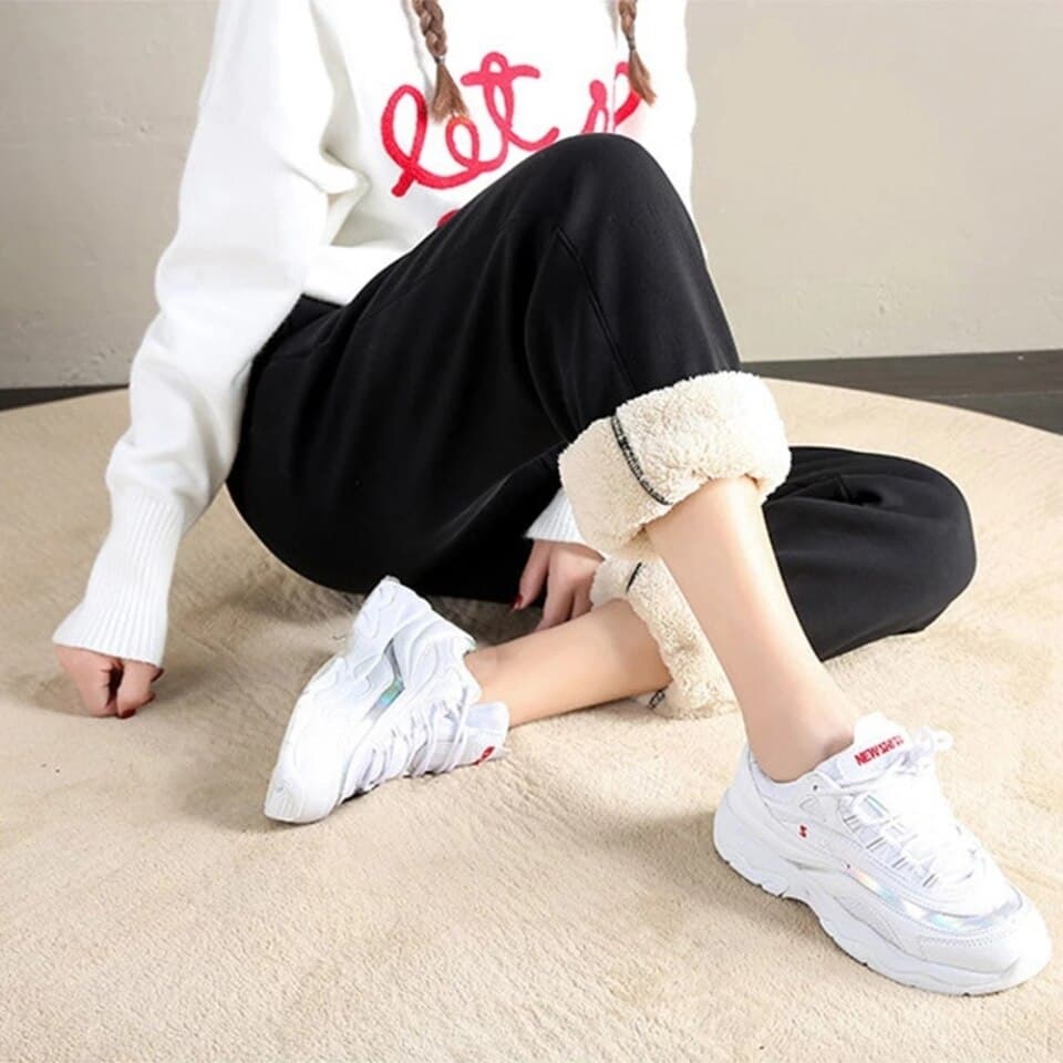 Women Fleece Pants Solid Colour Thick Plush Warm Trousers Female Casual Drawstring Workout Leggings Loose Sweatpants