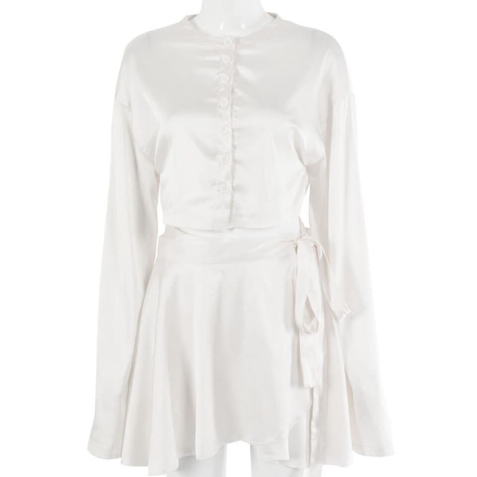 White Elegant Satin 2 Sexy High Waist Mini Tennis Sports Skirts Two Piece Set Women Lantern Long Sleeves Crop Tops Cardigan