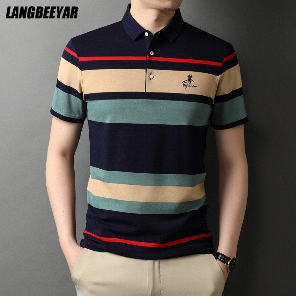 Men Striped Embroidery Polo Shirt
