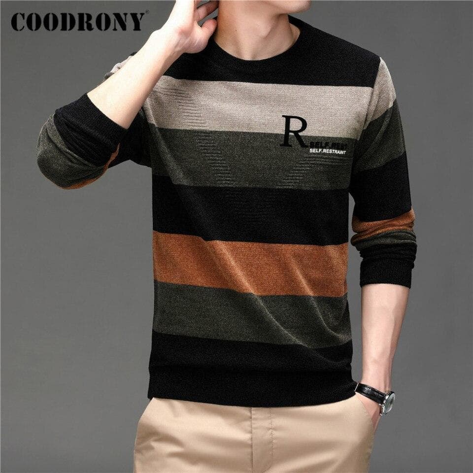 Men Autumn Winter Soft Warm Sweater Chenille Streetwear Fashion Striped Jersey Knitted O Neck Wool Pullover