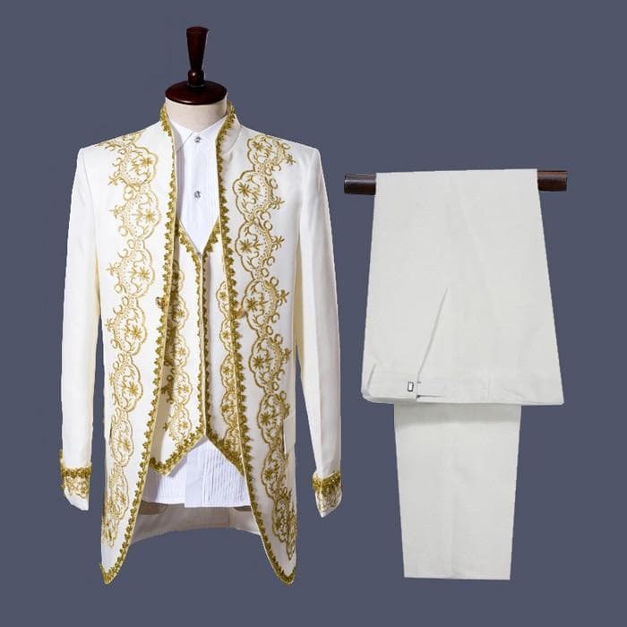 Men England Style Tuxedo Dress Suit Classic White Palace Blazer Men Longline Prom Stage Party Singer 3 Piece Dress Suits – view 4