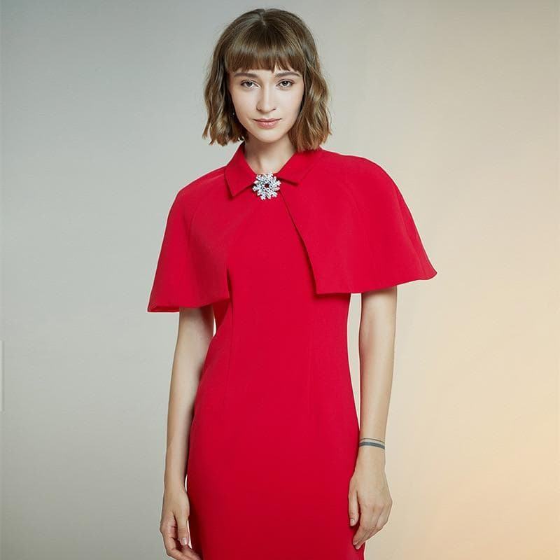 Women Style Red Slim Solid Dress Cape Short Sleeve Dress Female Sheath Dresses – view 2