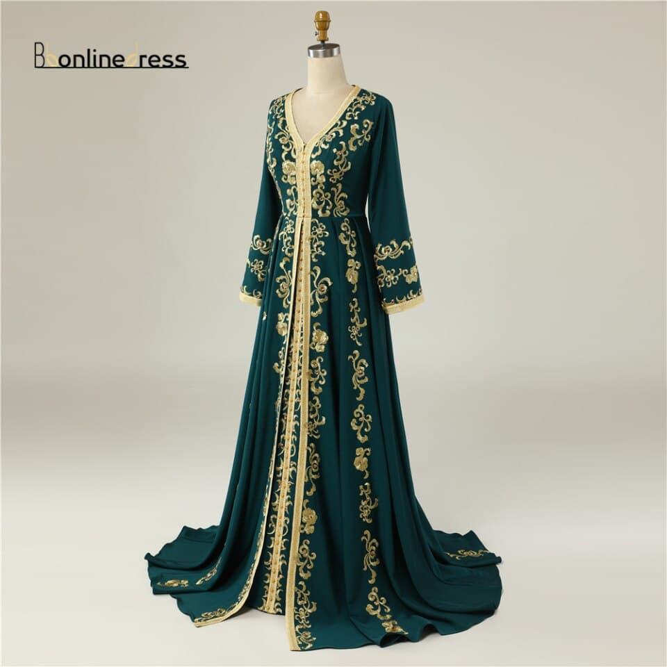Women Elegant Green Evening Dresses Crystal Dubai Formal Gown A Line V Neck Moroccan Caftan Long Evening Dresses – view 2