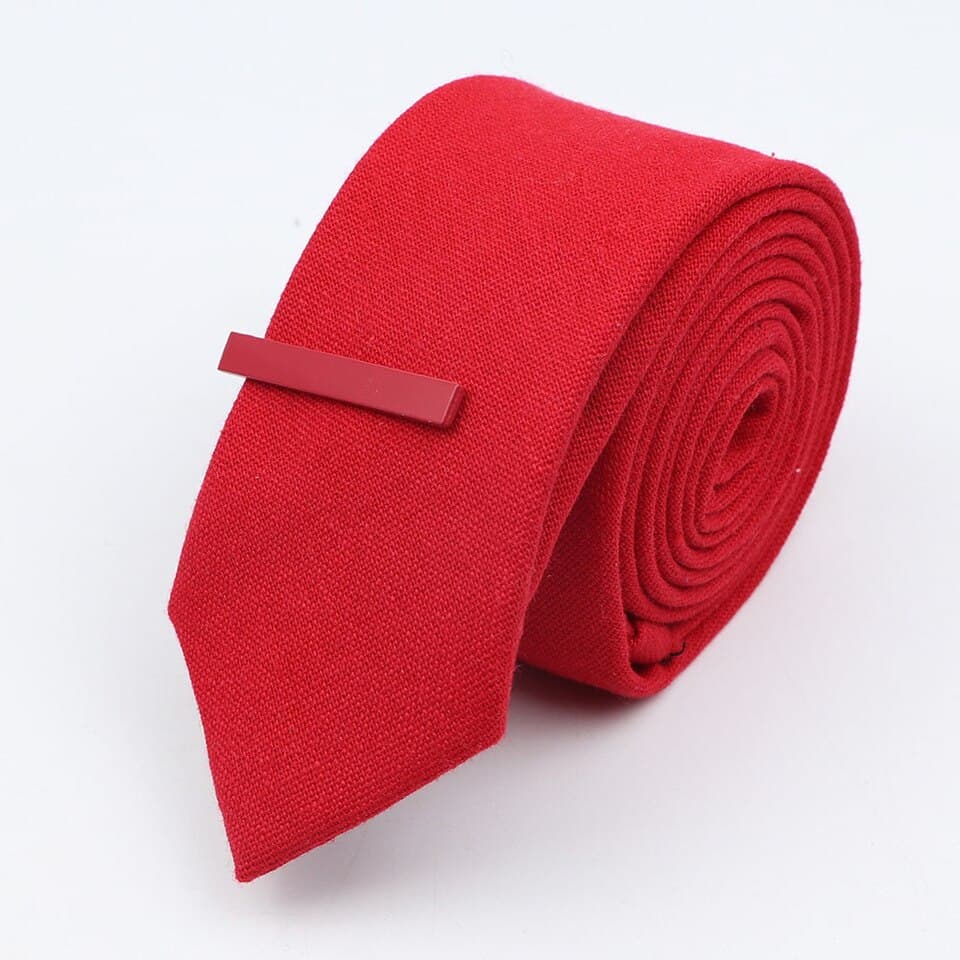 New Men Solid Colour Tie and Clip Set Fashion 6cm Linen Cotton Necktie Bright Ties Pin Clips Clasp Colourful for Men Clothing Accessories