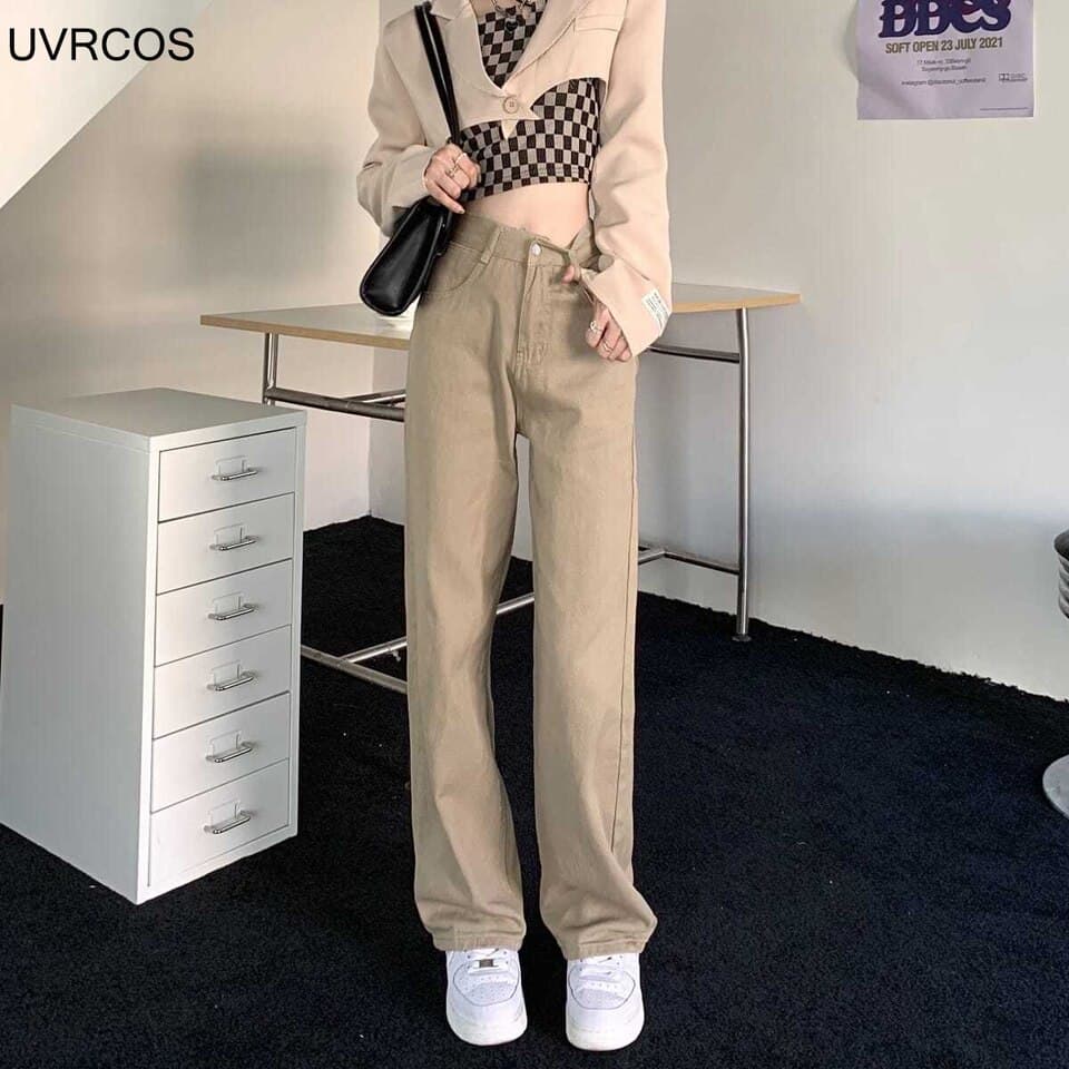 New Women Khaki Pants Female Japanese Solid Color High Waist Straight Loose Jeans Fashion Casual Cotton Loose Women Jeans