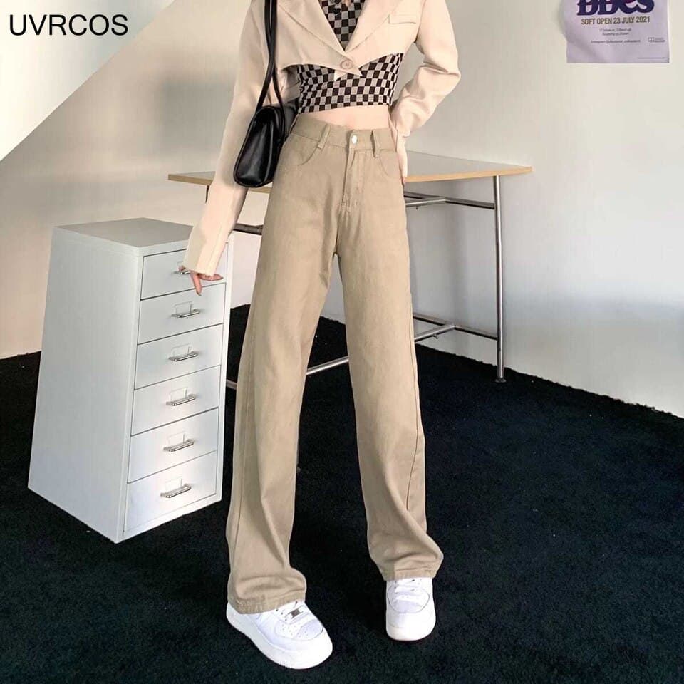 New Women Khaki Pants Female Japanese Solid Color High Waist Straight Loose Jeans Fashion Casual Cotton Loose Women Jeans