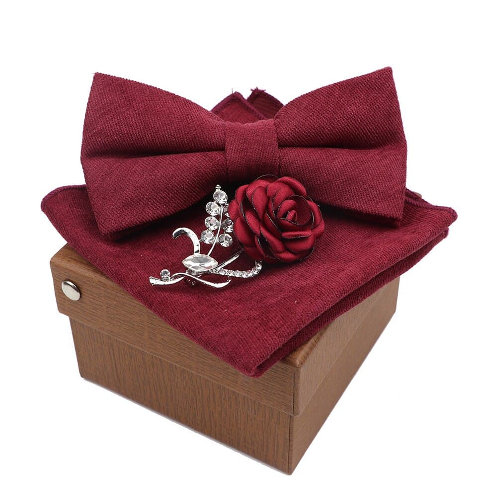 New Men Cotton Bow Tie Solid Color Super Soft Suede Handkerchief Brooch Set Bowtie Bowknot Pink Blue Butterfly Wedding Novelty Gift