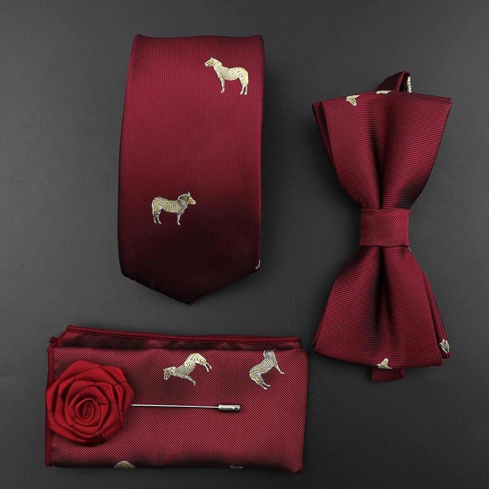 New Men Solid Color Silk Tie Set Polyester Jacquard Woven Necktie Bowtie Suit Vintage Red Blue For Groom Business Wedding Party