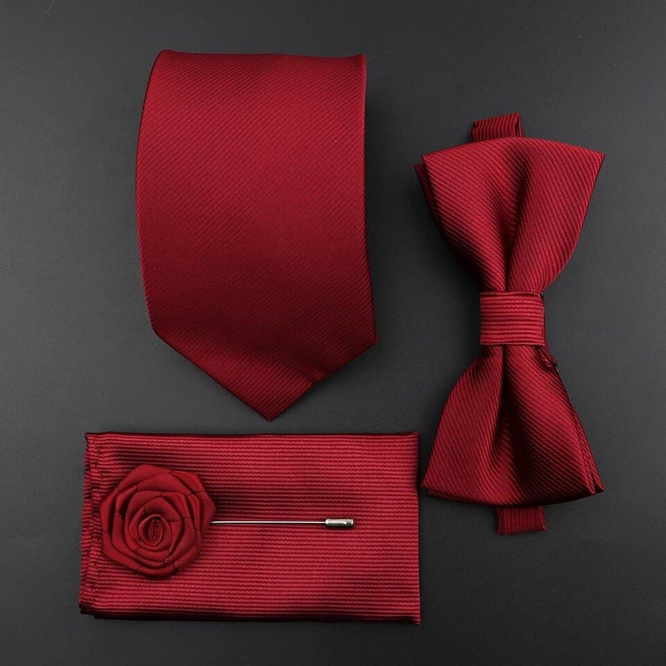 New Men Solid Color Silk Tie Set Polyester Jacquard Woven Necktie Bowtie Suit Vintage Red Blue For Groom Business Wedding Party