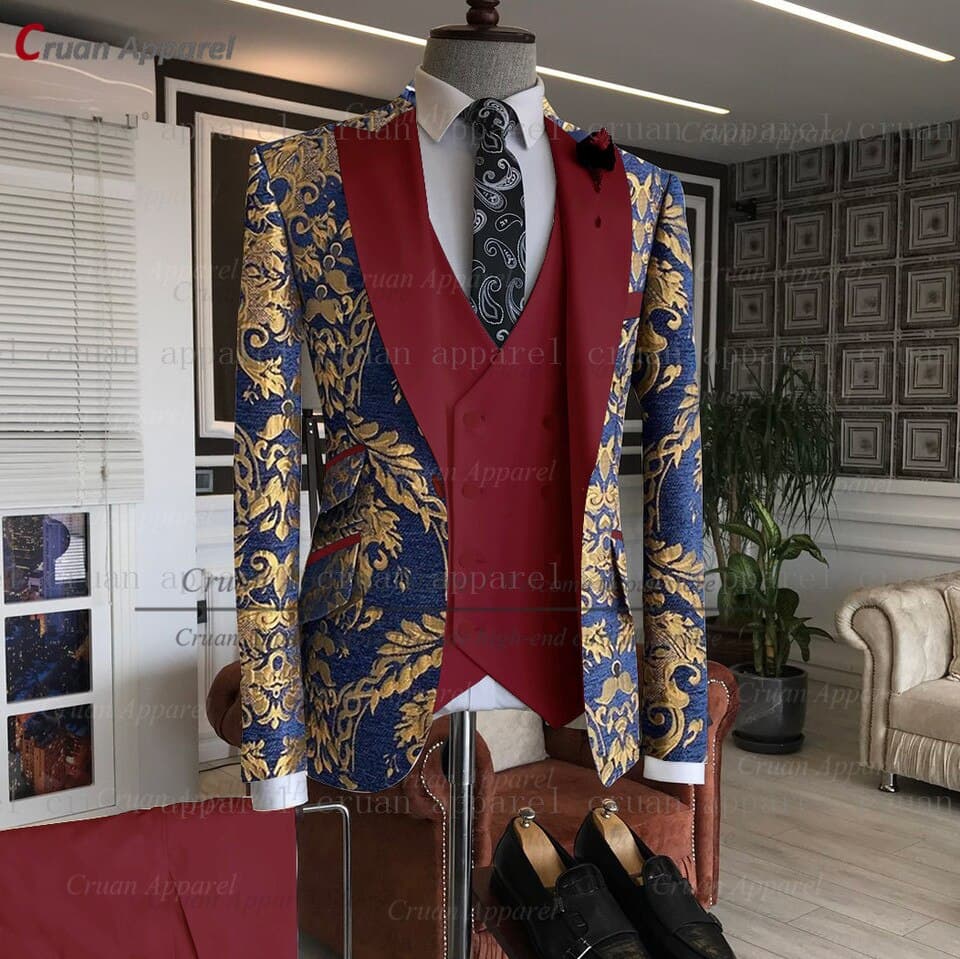 Men Gold Floral Printed Suit 3pcs Tailor made Luxury Wedding Groomsman Groom Suit Party Dinner Blazer Vest Pants Tuxedo – view 4