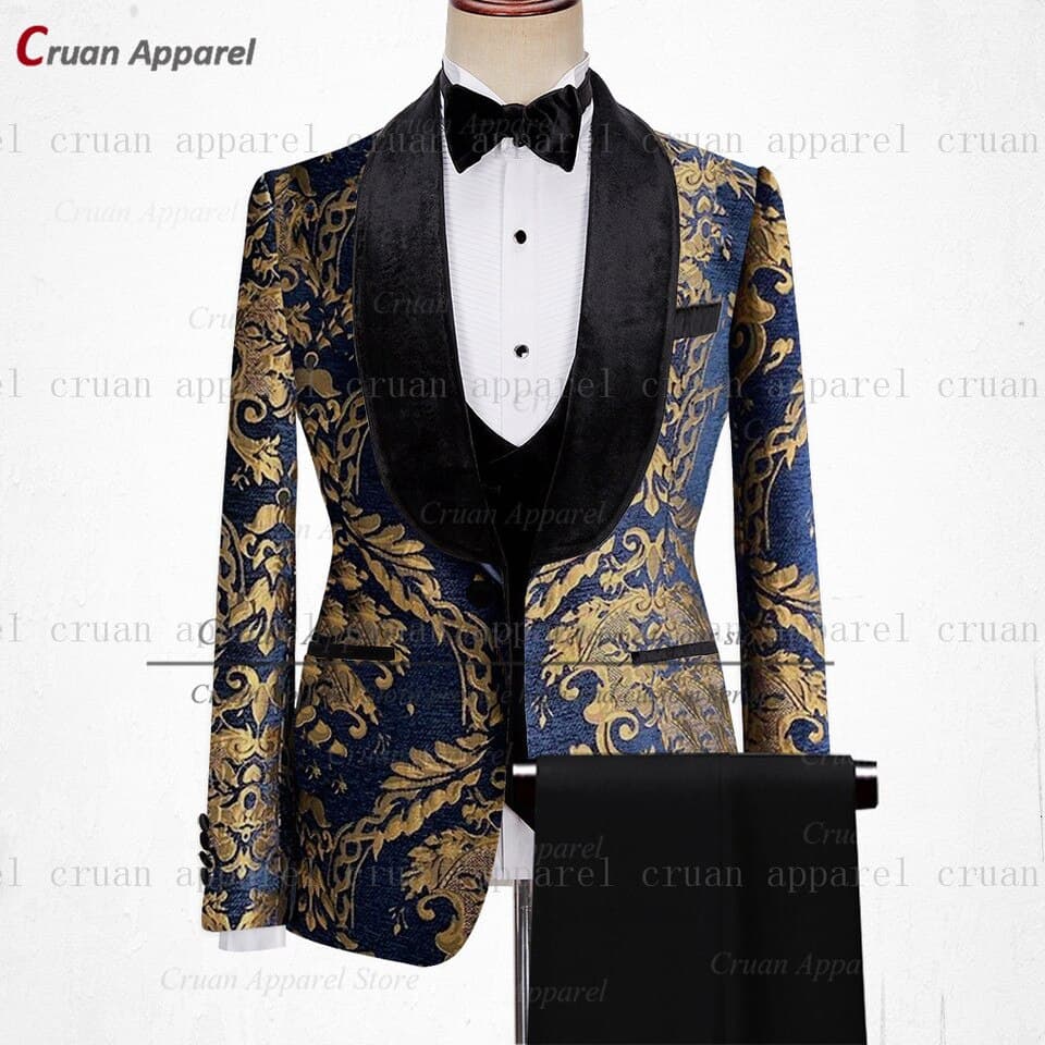 Men Gold Floral Printed Suit 3pcs Tailor made Luxury Wedding Groomsman Groom Suit Party Dinner Blazer Vest Pants Tuxedo – view 3