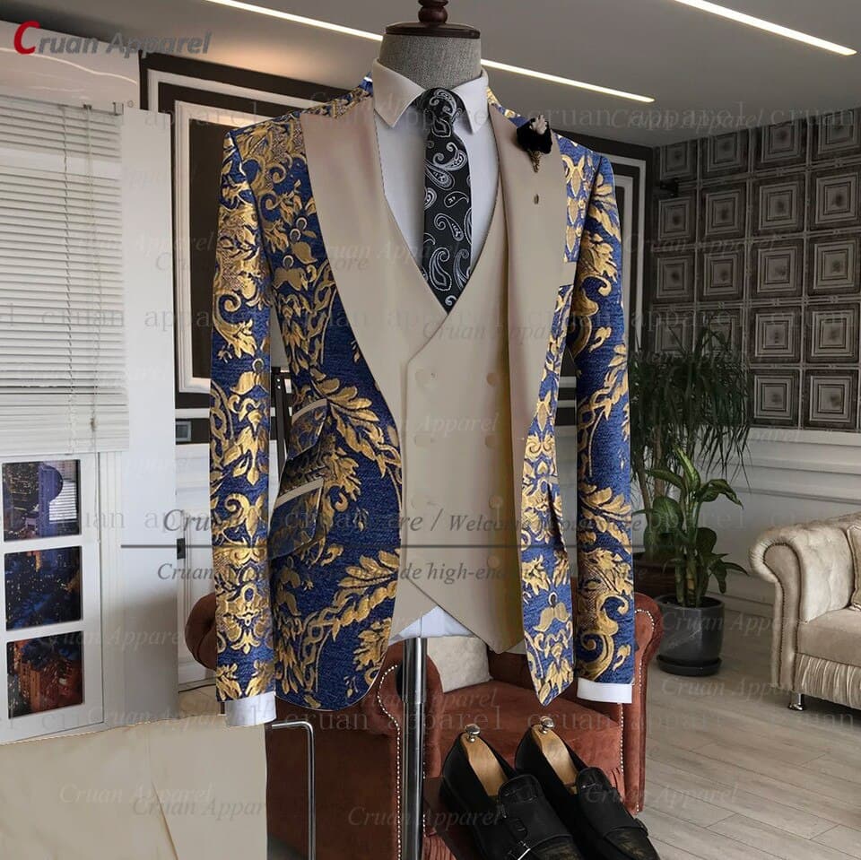 Men Gold Floral Printed Suit 3pcs Tailor made Luxury Wedding Groomsman Groom Suit Party Dinner Blazer Vest Pants Tuxedo – view 2