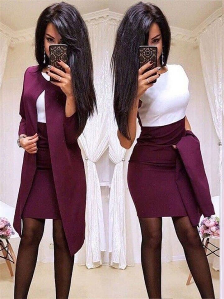 New Elegant Women Set for Office Lady Pure Color Patchwork Design Casual O-Collar Slim Autumn/Winter Women Dress 2 Piece Set