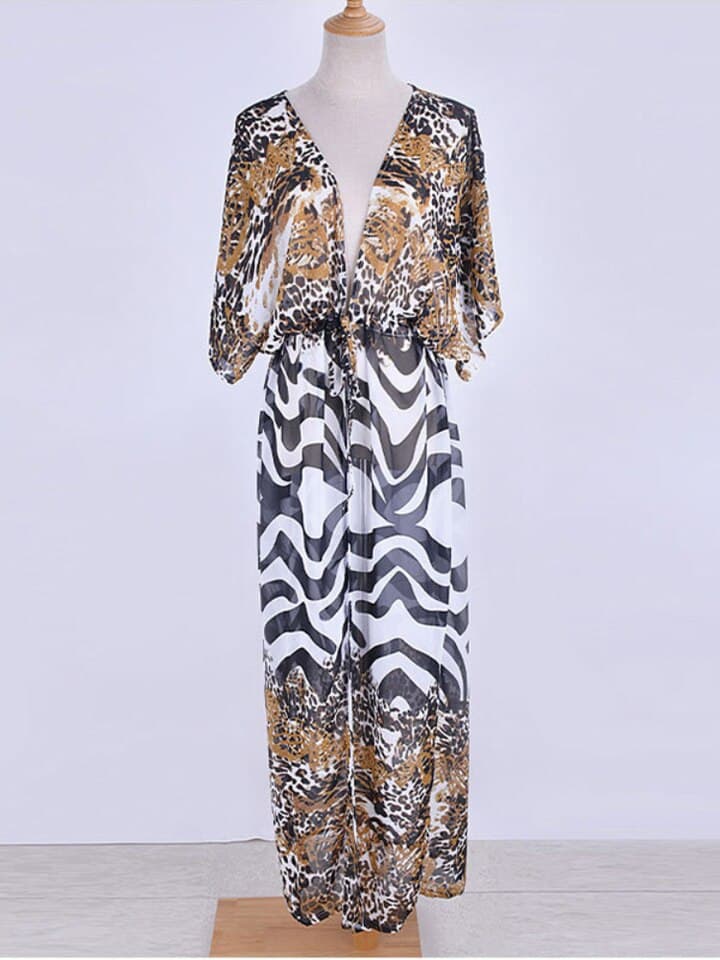 New Bikini Cover Up Chiffon Beach Kimono Women Leopard Printed Long Cape for Swimsuit Tunic Summer Beach Wear