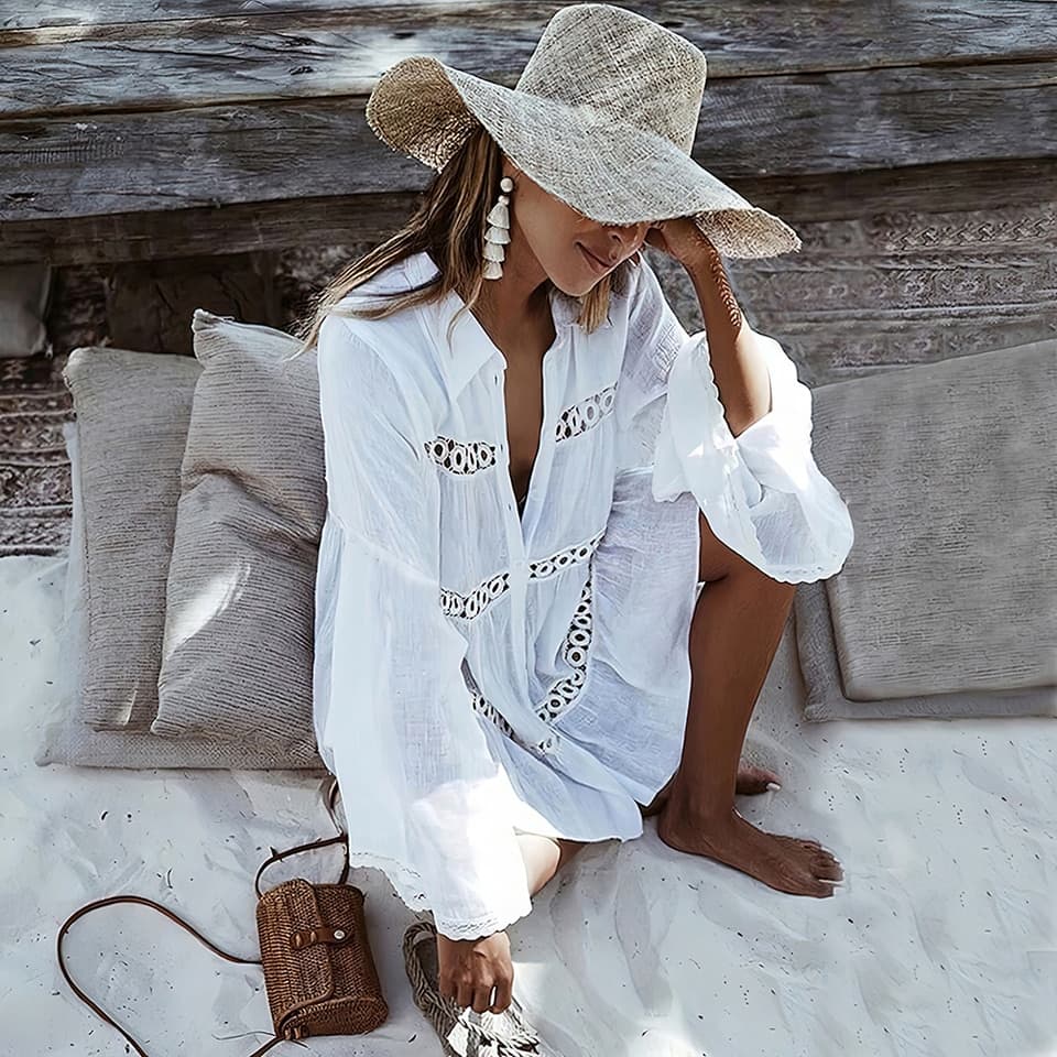 New Women Bikini Cover ups Summer Swimwear Lace Tunic Shirt Beach Dress Women Swimsuit Beach Cover Up Boho Beachwear Solid White Dresses