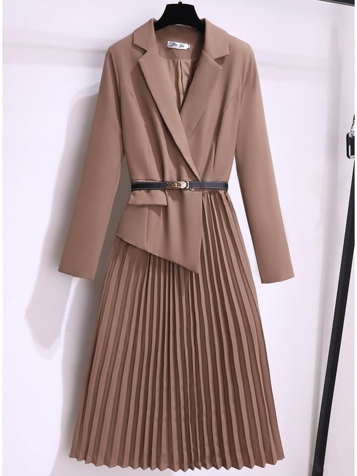 New Vintage Pleated Belt Patchwork One Piece Blazer Dress Women Elegant Office Ladies Long Sleeve Notched Female Autumn Midi Vestido