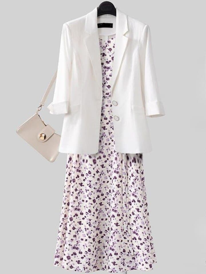 New Summer Suit Ladies Oversize Loose Suit Jacket Chiffon Floral Sling Dress Ladies Elegant 2 Piece Office Dress Women Suit
