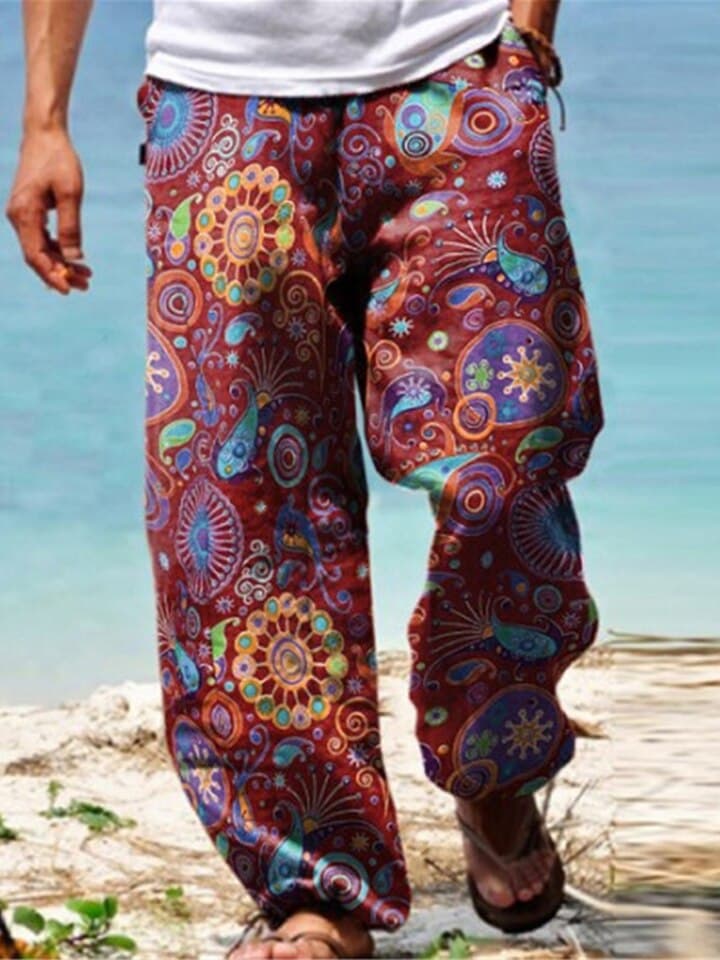 New Summer Men Baggy Pants Casual Printed Design Wide Leg Trousers Retro Vintage Beach Hawaiian Plus Size Loose Pants Man Streetwear