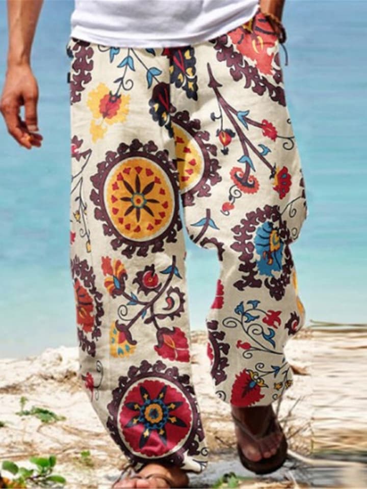 New Summer Men Baggy Pants Casual Printed Design Wide Leg Trousers Retro Vintage Beach Hawaiian Plus Size Loose Pants Man Streetwear