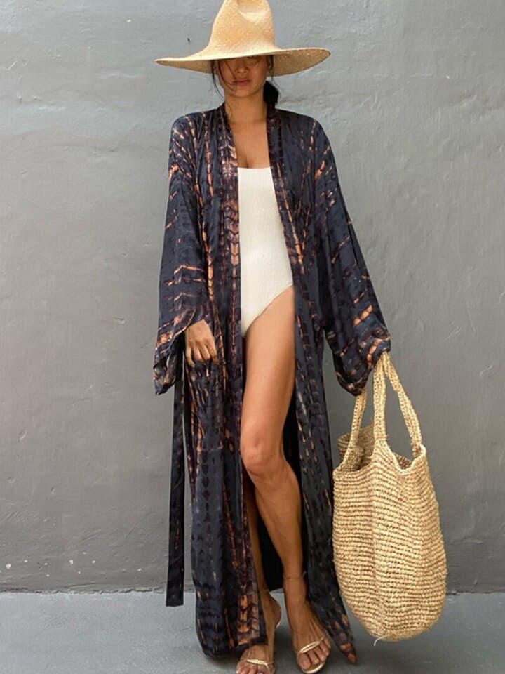 New Bikini Cover Up Tie Dye Printed Swimsuit Cape Bohemian Beach Kimono Dresses Self Belted Bathing Suits