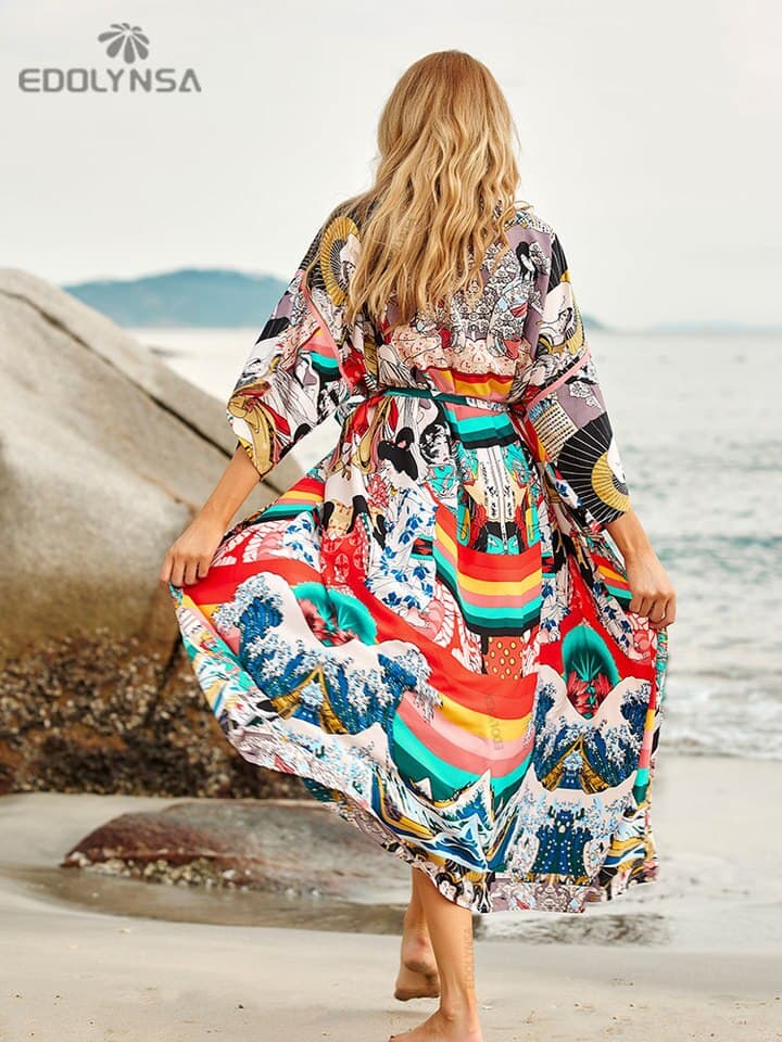 New Women Beach Wear Blue Retro Printed Long Sleeve Self Belted Plus Size Bohemian Kimono Tunic Women Tops and Blouses Shirts Q1228