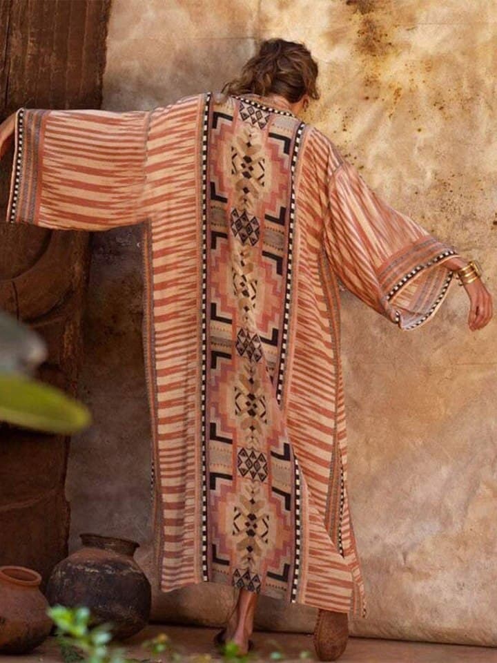 New Women Beach Wear Blue Retro Printed Long Sleeve Self Belted Plus Size Bohemian Kimono Tunic Women Tops and Blouses Shirts Q1228