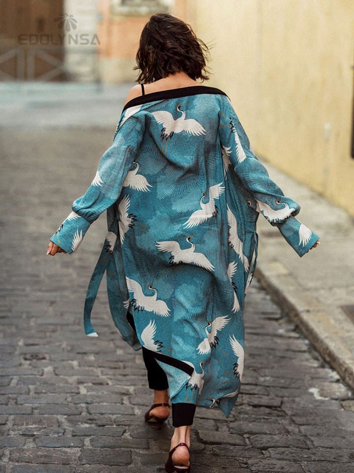 New Women Beach Wear Blue Retro Printed Long Sleeve Self Belted Plus Size Bohemian Kimono Tunic Women Tops and Blouses Shirts Q1228